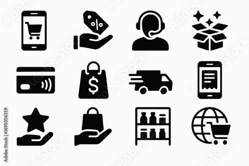 Solid B2C icon pack. Includes such symbols as contactless card, online receipt, star badge, shelves, headset avatar and shopping bag. Minimal ecommerce vector set.