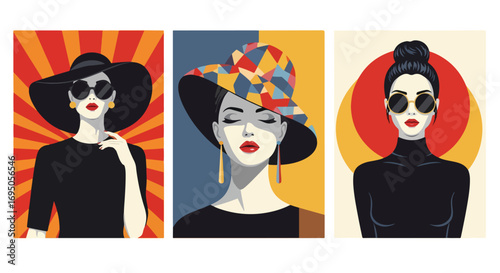 Pop art illustration of elegant women in stylish hats and sunglasses, representing glamour, sophistication, retro fashion, luxury lifestyle, and bold artistic expression for modern design and branding