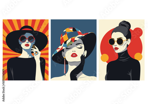 Pop art illustration of elegant women in stylish hats and sunglasses, representing glamour, sophistication, retro fashion, luxury lifestyle, and bold artistic expression for modern design and branding