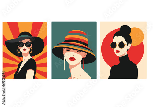Pop art illustration of elegant women in stylish hats and sunglasses, representing glamour, sophistication, retro fashion, luxury lifestyle, and bold artistic expression for modern design and branding