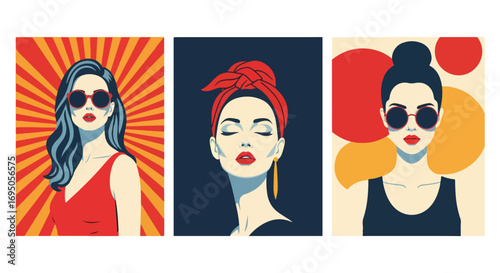 Pop art portraits of fashionable women with bold sunglasses and accessories, showcasing retro glamour, modern elegance, artistic style, and vibrant aesthetics for fashion, lifestyle, creative branding