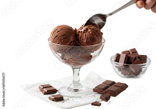 Wallpaper Mural Scooping chocolate ice cream from a glass with chocolate pieces on a white napkin around it on transparent background Torontodigital.ca