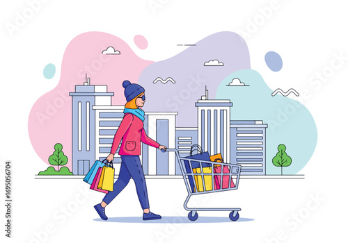 Flat style illustration of a fashionable woman shopping in the city with a cart full of bags, symbolizing retail therapy, consumer lifestyle, luxury spending, and modern urban shopping trends