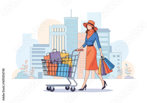 Flat style illustration of a fashionable woman shopping in the city with a cart full of bags, symbolizing retail therapy, consumer lifestyle, luxury spending, and modern urban shopping trends