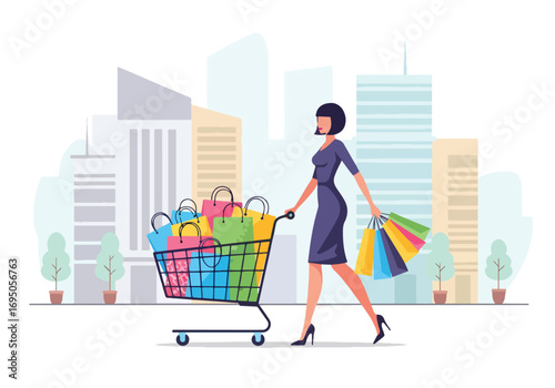 Flat style illustration of a fashionable woman shopping in the city with a cart full of bags, symbolizing retail therapy, consumer lifestyle, luxury spending, and modern urban shopping trends