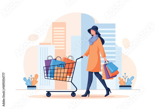 Flat style illustration of a fashionable woman shopping in the city with a cart full of bags, symbolizing retail therapy, consumer lifestyle, luxury spending, and modern urban shopping trends
