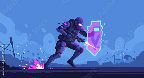 Futuristic soldier advances with shield in war zone vector illustration scene