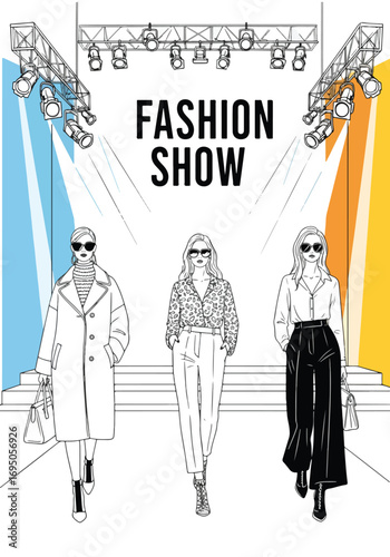 Vector art Poster of a fashion show runway with stylish models in modern outfits under spotlights, highlighting elegance, trendsetting design, and high-end style for fashion branding and marketing