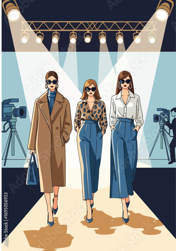 Vector art Poster of a fashion show runway with stylish models in modern outfits under spotlights, highlighting elegance, trendsetting design, and high-end style for fashion branding and marketing