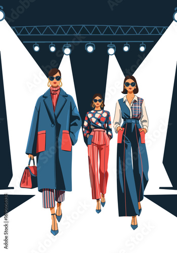 Vector art Poster of a fashion show runway with stylish models in modern outfits under spotlights, highlighting elegance, trendsetting design, and high-end style for fashion branding and marketing