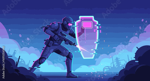 Futuristic soldier in combat gear advancing with shield and weapon in neon landscape