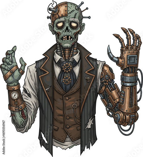 Steampunk zombie cyborg, Victorian undead character, mechanical monster design, cad drawing flat vector illustration, horror sci-fi fantasy theme art