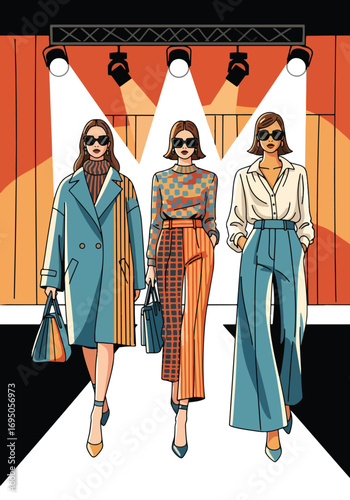 Vector art Poster of a fashion show runway with stylish models in modern outfits under spotlights, highlighting elegance, trendsetting design, and high-end style for fashion branding and marketing