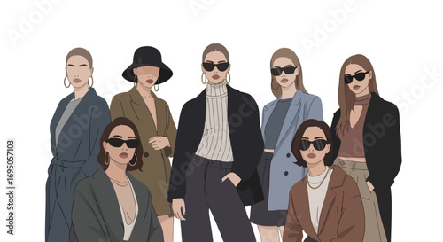 Flat style illustration of fashionable women in modern outfits and sunglasses, highlighting trendy streetwear, confidence, and contemporary style for fashion design, lifestyle branding
