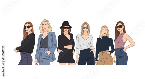 Flat style illustration of fashionable women in modern outfits and sunglasses, highlighting trendy streetwear, confidence, and contemporary style for fashion design, lifestyle branding