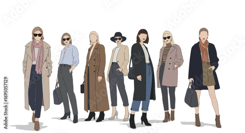 Flat style illustration of fashionable women in modern outfits and sunglasses, highlighting trendy streetwear, confidence, and contemporary style for fashion design, lifestyle branding