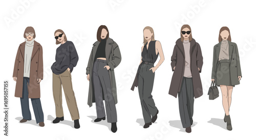 Flat style illustration of fashionable women in modern outfits and sunglasses, highlighting trendy streetwear, confidence, and contemporary style for fashion design, lifestyle branding