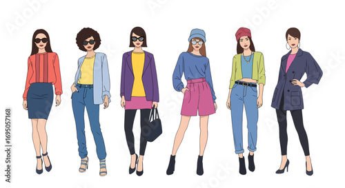 Flat style illustration of fashionable women in modern outfits and sunglasses, highlighting trendy streetwear, confidence, and contemporary style for fashion design, lifestyle branding