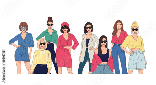 Flat style illustration of fashionable women in modern outfits and sunglasses, highlighting trendy streetwear, confidence, and contemporary style for fashion design, lifestyle branding