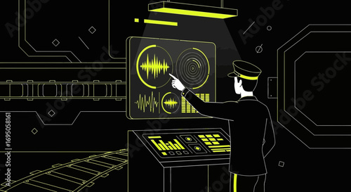 Futuristic train control room concept with conductor interacting with holographic displays