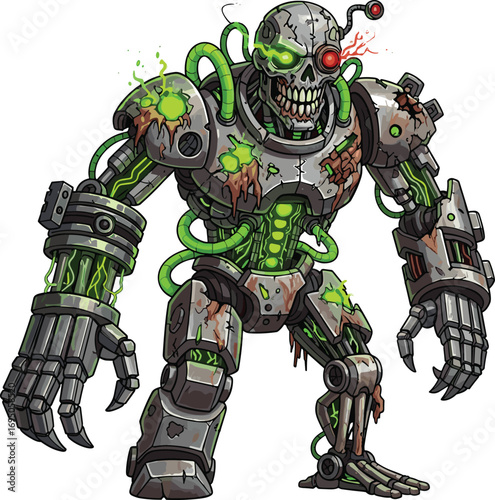 Zombie cyborg, cartoon character, skeletal robot, toxic energy tubes, horror sci-fi, cad drawing, flat vector illustration, post-apocalyptic mutant