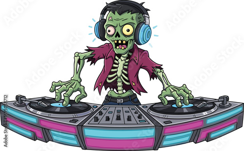 Zombie DJ, cartoon character, neon lights, horror music, turntable setup, undead performer, cad drawing, flat vector illustration, party monster