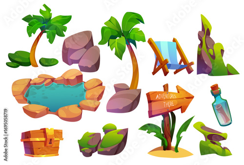 River landscape, with a sign "Adventures are there" and a chaise lounge. Resort, cozy in a cartoon style, beautiful landscape of adventures and travel. Vector