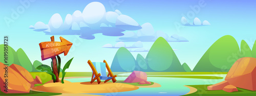 River landscape, with a sign "Adventures are there" and a chaise lounge. Resort, cozy in a cartoon style, beautiful landscape of adventures and travel. Vector