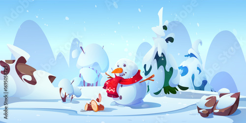 Snowman stands against the background of a winter landscape with fir trees and stone blocks in the snow. Frosty sunny day in a cartoon style, cozy landscape of winter holidays and travel. Vector