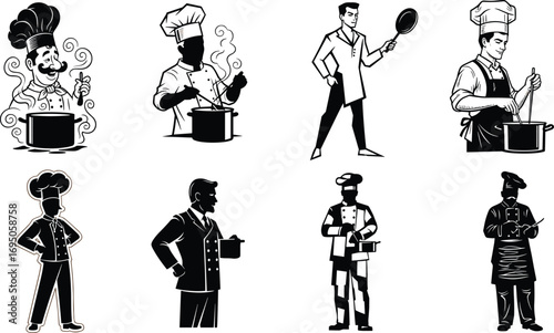 Chef character silhouettes, traditional and modern cooking styles, culinary art, kitchen work, food preparation, gastronomy, professional cooking, recipe reading, gourmet presentation