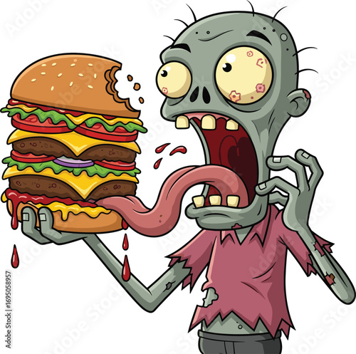 Zombie eating cheeseburger cartoon, hungry undead character, horror food monster, cad drawing flat vector illustration, Halloween comedy theme art