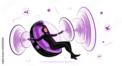Futuristic woman in a pod surrounded by sonic waves in a digital environment