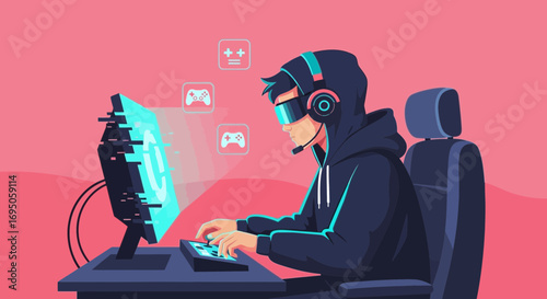 Gamer immersed in virtual world, esports competition, professional player streams video game