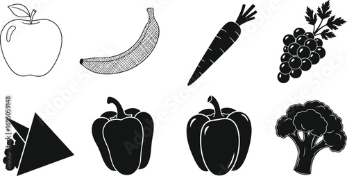 Fruit vegetable illustration, healthy food vector, apple banana carrot, grapes cheese bell pepper, broccoli graphic, nutrition design, black white food art