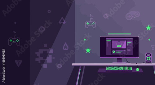 Gaming setup illustration featuring a computer keyboard mouse and pixelated decorations