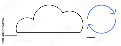Black outline of a cloud next to blue circular arrows, symbolizing cloud syncing and data transfer. Ideal for technology, networking, data storage, connectivity, cloud computing, process automation