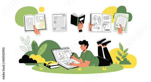 Illustration depicting a person drawing outdoors surrounded by books and creative energy