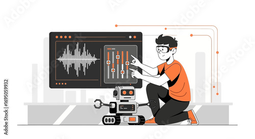 Illustration depicting a robotic engineer developing and programming an advanced robot