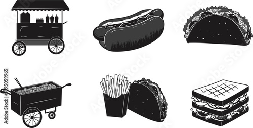 Street food illustration, fast food vector, hot dog taco fries, sandwich graphic, food cart design, snack art, black white drawing