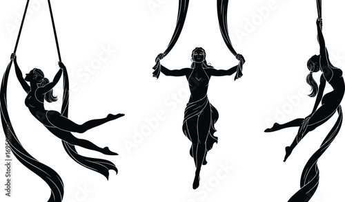 Elegant Aerial Silk Performers in Silhouette – Graceful Acrobatics on Fabric Ribbons, Dynamic Poses in Black and White, Perfect for Art and Fitness Designs