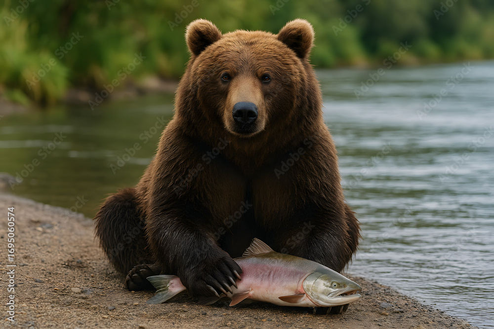 Obraz premium brown bear sitting by the riverbank holding fish in its paws while fishing 