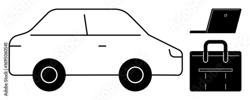 Compact car, sleek briefcase, and open laptop symbolize work-life balance, transport, and productivity. Ideal for business, commute, mobility efficiency modern life workflow and versatility. A