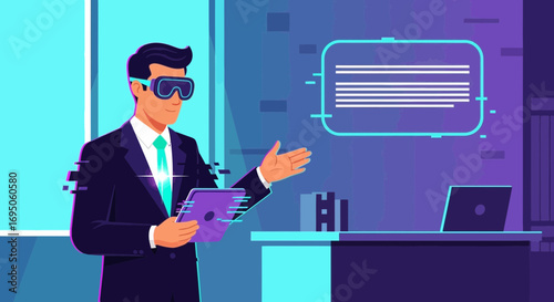 Illustration of a businessman using virtual reality headset in a futuristic office environment