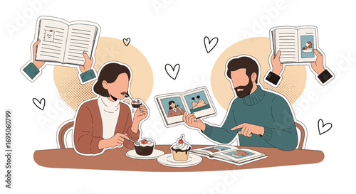 Illustration of a couple enjoying cupcakes and browsing through books and photo albums together