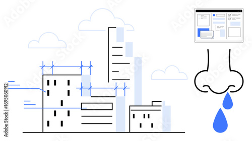 Buildings in construction, nose with water drops, and air movement lines emphasize air pollution and health risks. Ideal for urban studies, health awareness, environment, pollution, sustainability