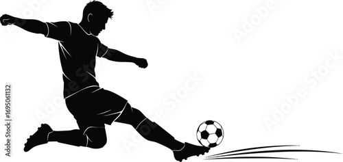 Dynamic silhouette of soccer player kicking ball action shot of athlete in motion, perfect for sports, fitness, and competitive themes