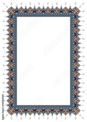 This frame is designed in blue and brown colours an Arabic style, perfect for use in Arabic calligraphy, certificates, the Quran, and other decorative works