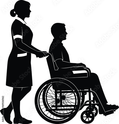 A nurse is pushing a patient in a wheelchair, nurse is wearing a uniform and cap, and is assisting patient with care and compassion