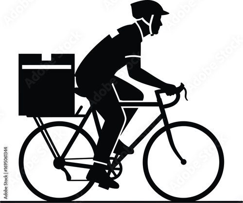 Silhouette of a bicycle delivery courier with a package back, wearing a helmet, represents modern urban logistics and transportation
