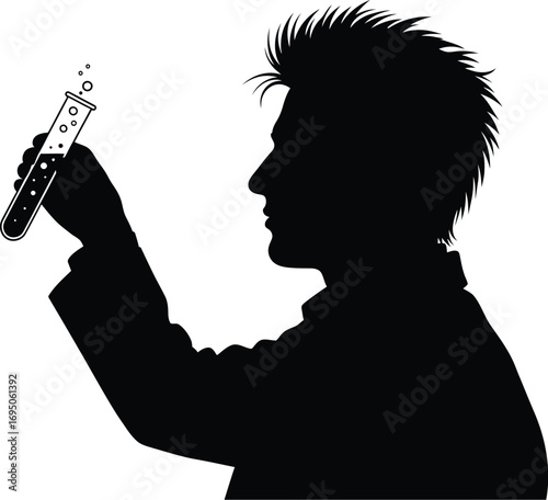 Silhouette of a scientist holding a test tube with liquid, conducting an experiment, represents scientific research and discovery